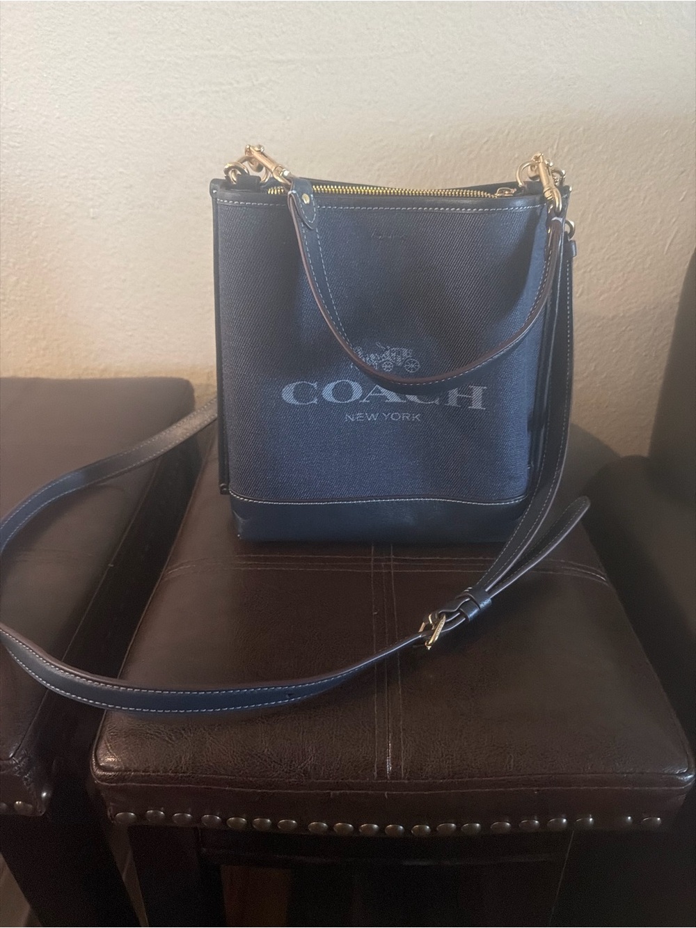 COACH Navy Blue Leather Signature Crossbody Bag